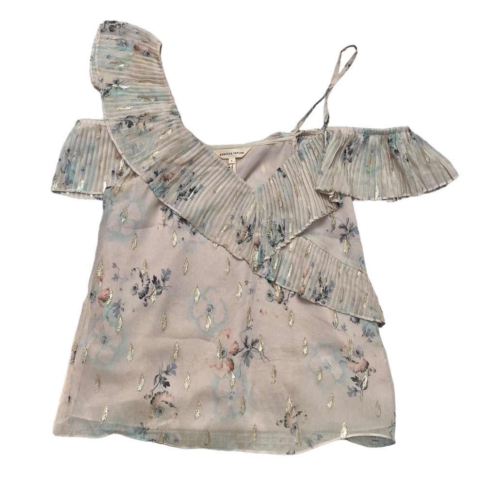 Rebecca Taylor pink floral off shoulder cold shoulder silk top with ruffles